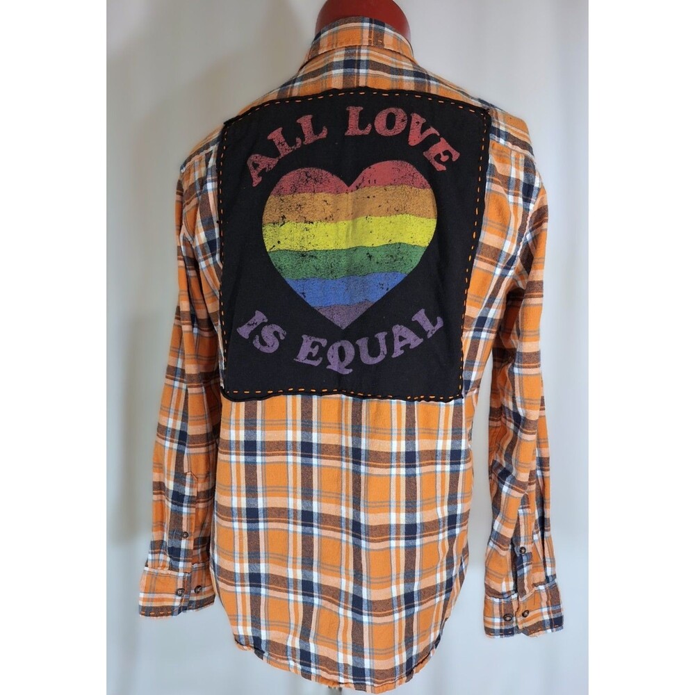 Upcycled Sz Large Orange Flannel Pride Ally Simple Embroidery All love is Equal